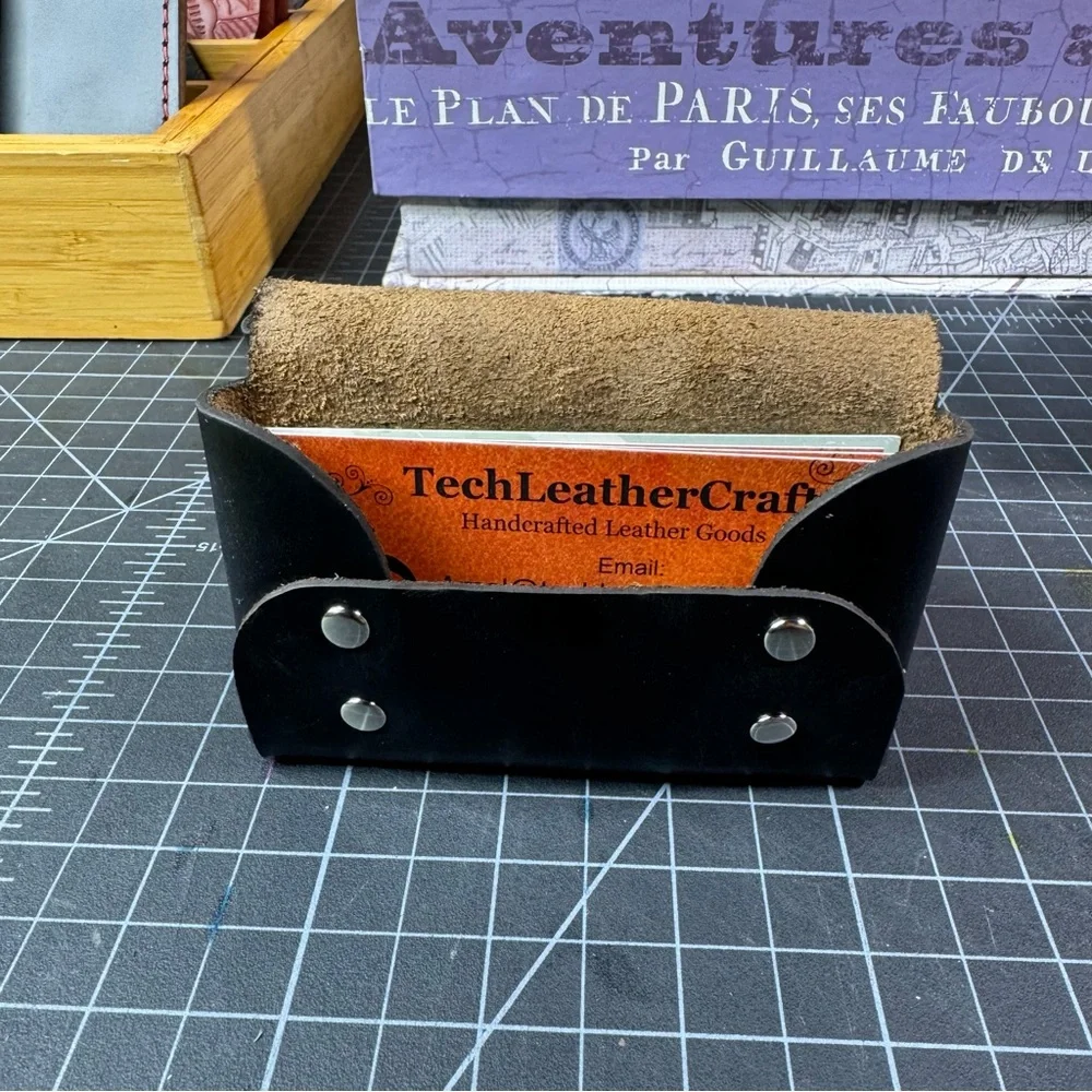 Men’s Black double stacked card wallet business card holder -brown interior